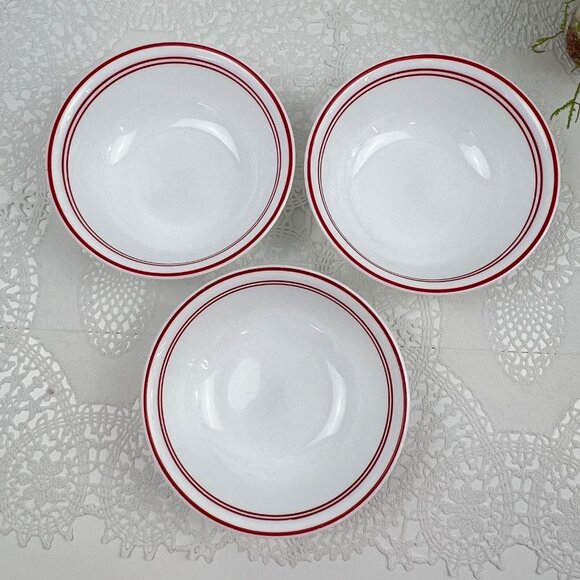 Corelle Vitrelle 3 Classic Cafe Red Coupe Cereal Soup Bowls White Red Band Edge - Picture 6 of 10